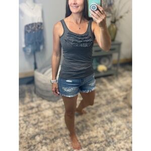 Tiered Ruffle Scoop Neck Bust Low Urban Boho Tank Top Melange Gray 2514